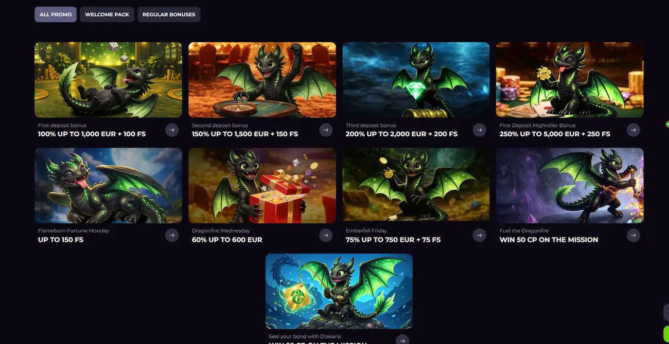 Drakaris bonus page showing the 450% welcome package and free spins offer