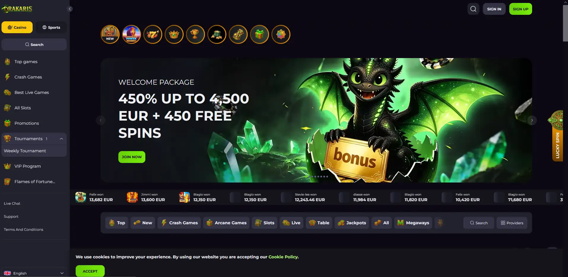 Drakaris Casino homepage showing the AUD welcome package and pokies lobby