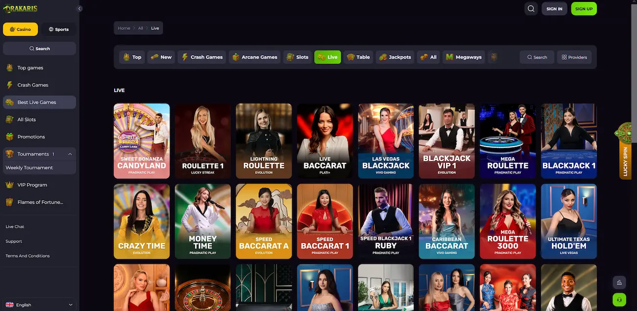 Drakaris live casino floor with Evolution Gaming roulette and blackjack tables