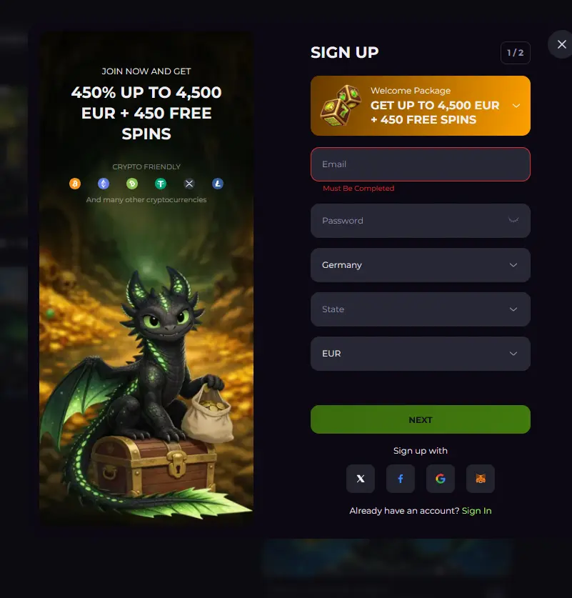 Drakaris registration form with email, password and AUD currency selection