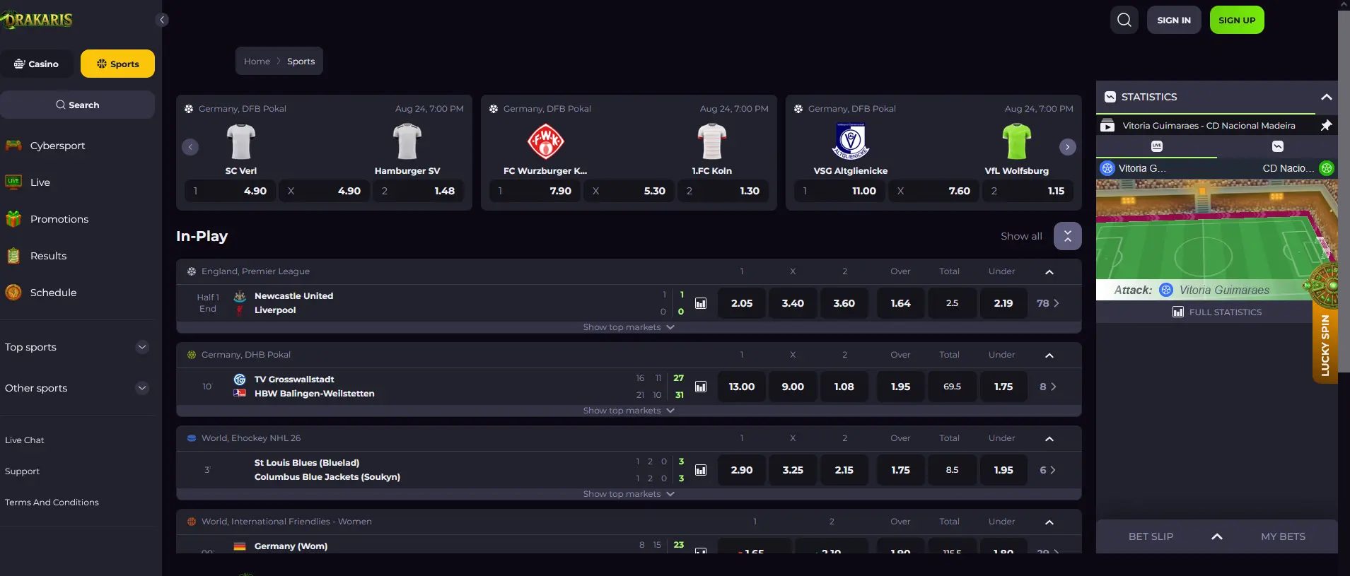 Drakaris sportsbook interface showing live football and tennis markets